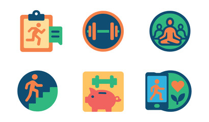 Flat vector icons of low-cost fitness ideas: free outdoor workouts planner, public gym use guide badge, DIY fitness equipment badge, free community yoga classes badge, urban stair workouts icon,