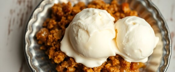 two scoops of ice cream on top of a bowl of food