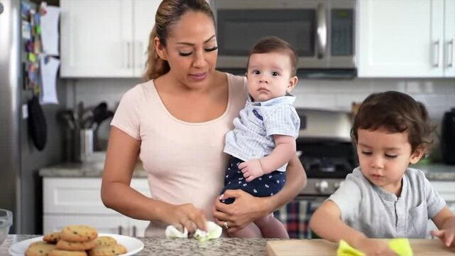 Hispanic mother enjoys quality time in the kitchen with her toddler and baby. They are baking cookies and creating joyful memories together