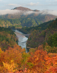 紅葉した第一只見川橋梁