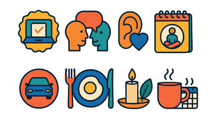 Flat vector icons of practicing presence: single-tasking badge, mindful conversation badge, deep listening badge, focused breathing planner, mindful driving habits badge, being present during meals