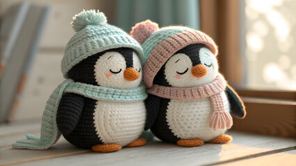 Adorable handmade toys from yarn, a couple of soft stuffed penguins for kids and a gift shop