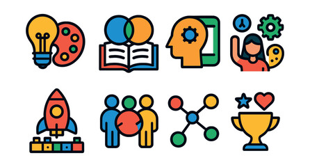 Flat vector icons of interdisciplinary learning: combining tech and art badge, studying cross-field subjects badge, practicing integrated learning habits badge, attending interdisciplinary workshops