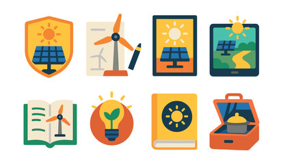 Flat vector icons of renewable energy basics: solar power for schools badge, wind turbine energy model project, renewable energy poster creation badge, visiting a solar farm trip planner, building a