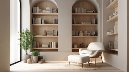 Minimalist reading nook with vertical book shelves 