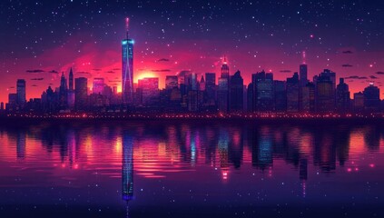 Cityscape sunset reflection, Manhattan skyline, nighttime stars, urban background, perfect for travel posters