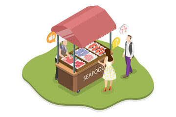 3D Isometric Flat  Illustration of Farmer Market, Display with Fresh Catch At Seafood Stall