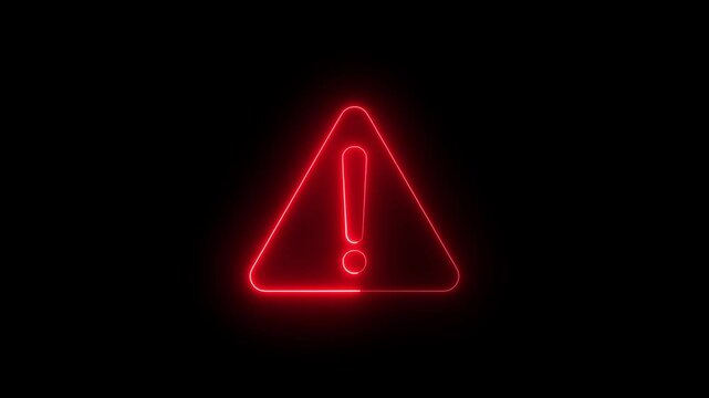 Neon warning icon, red flicker. Glowing neon exclamation mark, looped color blink animation. Caution signal, alert, urgent attention. Neon glowing warning symbol icon on black background