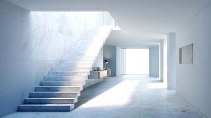Minimalist stair hall with natural light shaft and clean wall (mockup) 