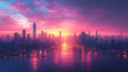 Pink sunset over city skyline, harbor reflections, cityscape