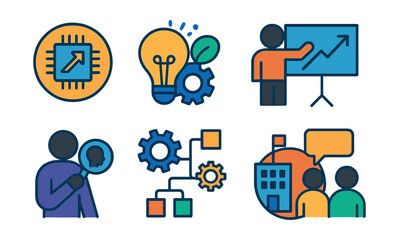 Flat vector icons of future business roles: digital transformation consultant badge, innovation strategist icon, corporate sustainability manager badge, startup advisor badge, future of work