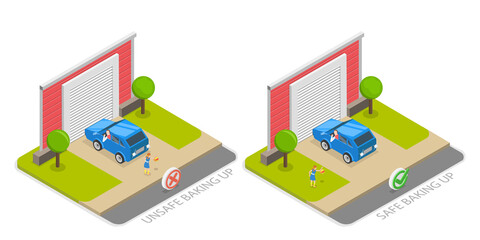 Obraz premium 3D Isometric Flat Illustration of Car Back Driving Safity, Tips And Rules for Drivers