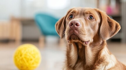 Fototapeta na wymiar A charming Labrador dog sits in a cozy living room, gazing curiously at a bright yellow ball, highlighting the joy and companionship of pets in home environments.