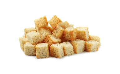 Pile of tasty crispy croutons isolated on white