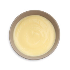 Tasty vanilla pudding in bowl isolated on white, top view