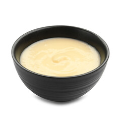 Tasty vanilla pudding in bowl isolated on white