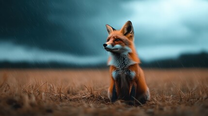 Fototapeta premium A striking image of a graceful fox sitting in a rain-kissed field, a representation of wilderness, solitude, and the beauty of nature in a dramatic atmospheric setting.