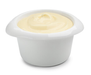 Tasty vanilla pudding in bowl isolated on white