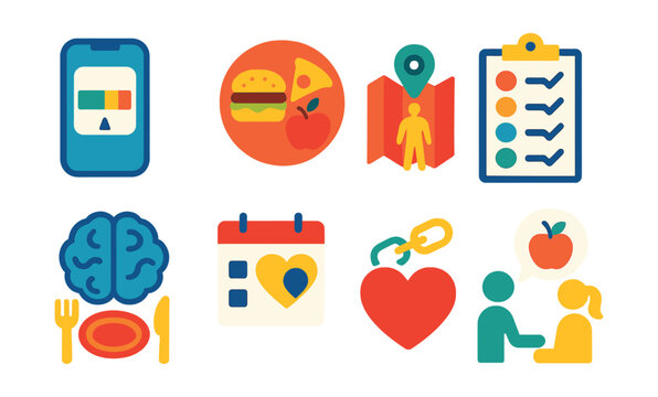 Flat vector icons of intuitive eating and freedom from diets: hunger scale app icon, permission to eat all foods badge, body trust journey guide, intuitive eating principle tracker, mindful food