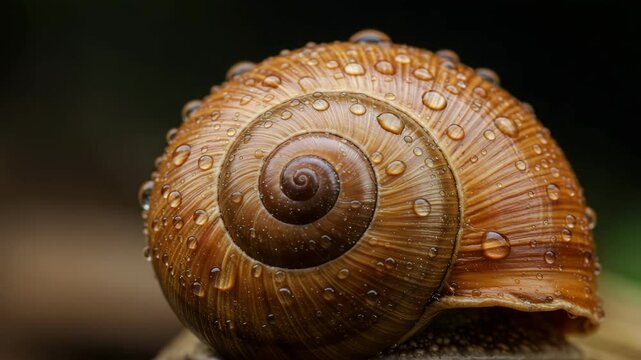 Snail shell covered in droplets resting on a green leaf  