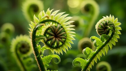 Time-lapse of a fern unfurling in spring. Close-up fiddlehead ferns growing in lush green nature   - Powered by Adobe
