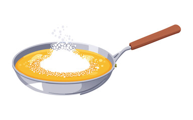 Vector Illustration of Yellow soup with white powder sprinkled in a silver pan