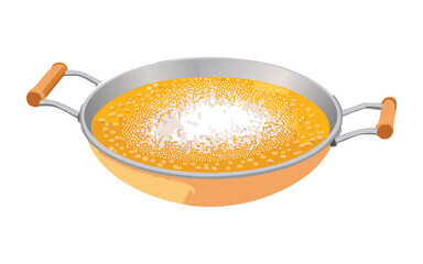 Yellow soup with white powder in a frying pan - vector illustration
