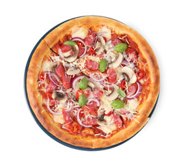 Tasty pizza with smoked sausages and mushrooms isolated on white, top view