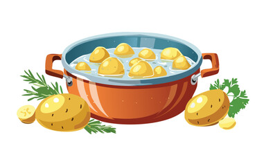 Potatoes cooking in a red stew pot with greenery - vector ilustration
