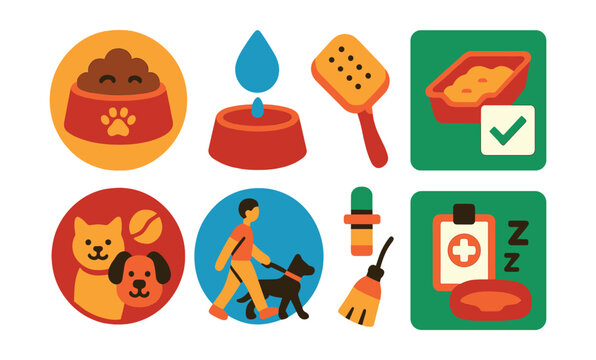 Flat vector icons of daily pet care: morning pet feeding badge, regular water refill icon, daily pet grooming brush, clean litter box checklist, pet playtime schedule badge, evening pet walk icon,