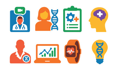 Flat vector icons of health and biotech careers: telemedicine doctor badge, genetic counselor icon, biomedical engineer planner, mental health tech specialist badge, personalized medicine researcher