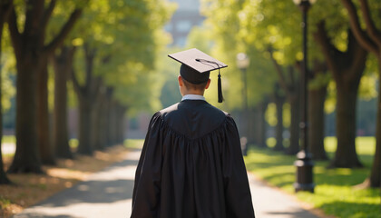 The graduate confidently walks along the path on the university grounds, surrounded by green trees, into the new life