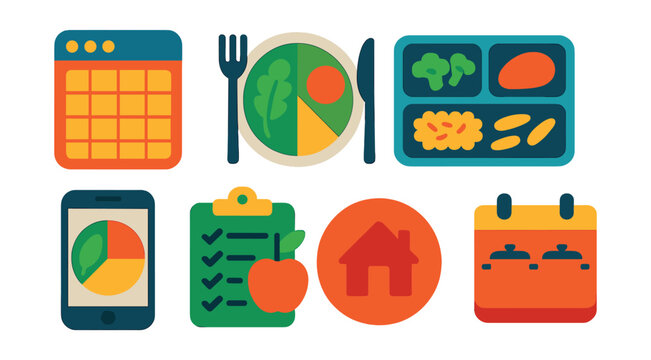 Flat vector icons of meal planning: weekly meal planner badge, balanced plate setup, meal prep container icon, portion control guide, colorful plate nutrition app, shopping list for healthy meals,