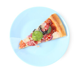 Slice of tasty pizza with thin smoked sausages isolated on white, top view