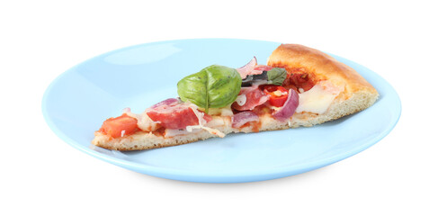 Slice of tasty pizza with thin smoked sausages isolated on white
