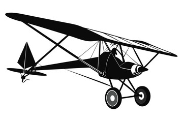 Detailed black silhouette shows an antique biplane with its intricate bracing and vintage wheel design