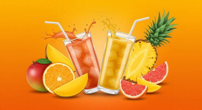 Refreshing Tropical Fruit Juices Mango, Pineapple, Orange, and Grapefruit