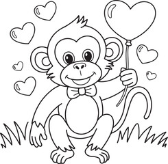 Cute Cartoon Monkey Holding Heart Balloon Coloring Page
