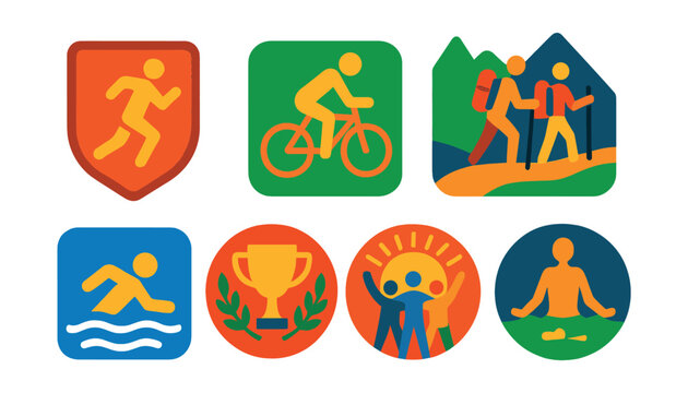 Flat vector icons of sports clubs and communities: running club badge, cycling community app icon, hiking groups badge, outdoor fitness meetups badge, swim club planner, amateur sports associations
