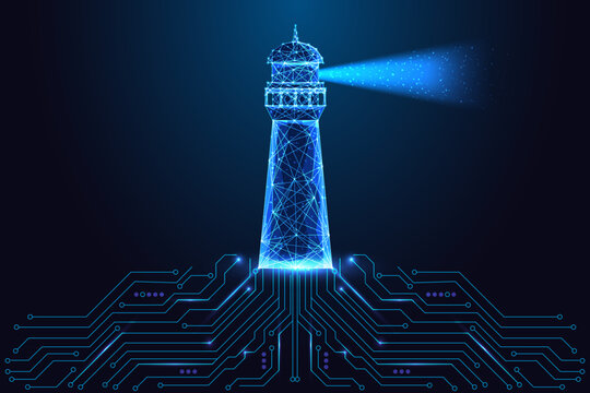 Digital guidance and smart navigation concept with glowing lighthouse and circuit board, vector 