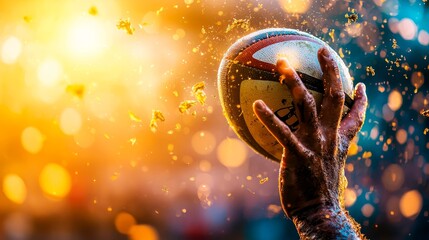 Close-Up of a Hand Catching a Rugby Ball Amidst a Vivid Colorful Background of Light and Motion