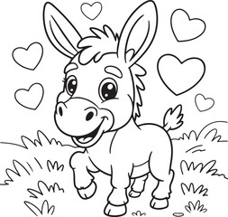 Adorable Cartoon Donkey with Hearts Coloring Page Illustration