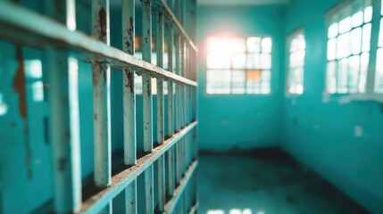 A captivatingly rustic jail cell stands with rusty bars, bathed in soft morning light, encapsulating a sense of solitude, history, and forgotten stories within its walls.