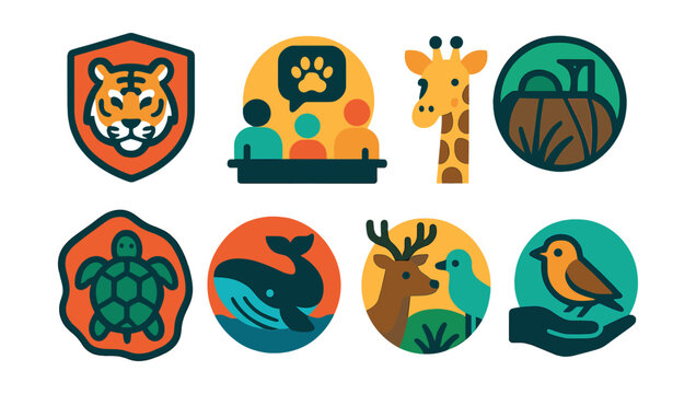 Flat vector icons of animal protection education: endangered species poster badge, wildlife conservation workshops icon, zoo animal care badge, habitat preservation activities badge, protecting