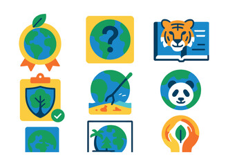 Flat vector icons of global ecological awareness: Earth Day classroom badge, global environment quiz day icon, learning about endangered species badge, protecting the rainforest project planner,
