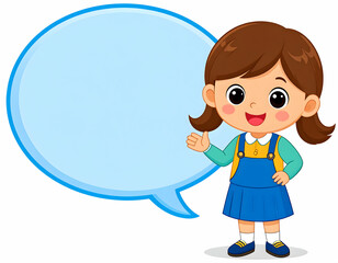 Obraz premium Cheerful cartoon girl in a blue skirt and green sweater, gesturing with a speech bubble