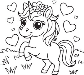 Adorable Cartoon Unicorn with Hearts Coloring Page