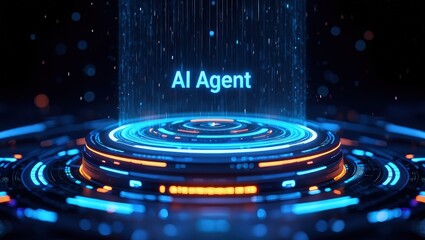 An AI agent hologram symbolizing agentic autonomy for collaboration with the human workforce using autonomous agents to work in business partnership using teamwork 