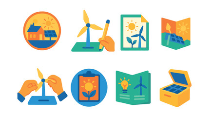 Flat vector icons of renewable energy basics: solar power for schools badge, wind turbine energy model project, renewable energy poster creation badge, visiting a solar farm trip planner, building a