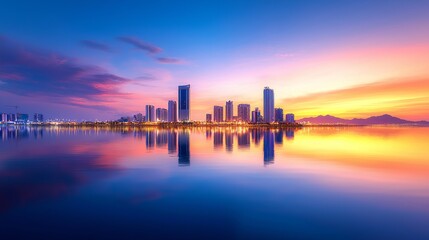 Serene Sunset Over Cityscape with Water Reflections and Vibrant Sky Colors